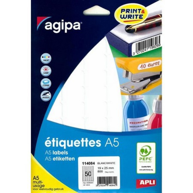 ETIQ A5 800 ETIQ 19*25 BLANC AGIPA                